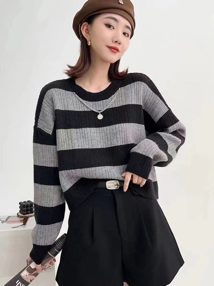 Korean Loose Striped Knitted Sweaters Women Casual Fall Long Sleeve Vintage Pullovers O Neck Simple All Match Lady Retro Jumpers