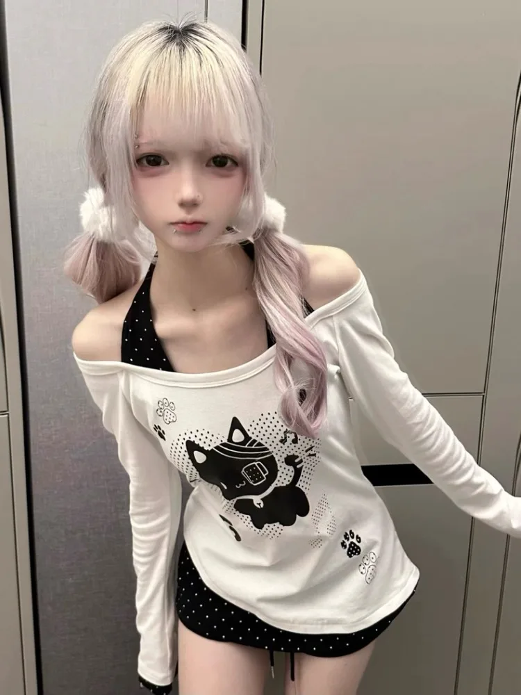 Subkultur Nette Patchwork Polka Dot T-shirt Frauen Süße Krawatte Up Gefälschte Zwei-stück Kleidung Japan Drucken Casual Lange ärmeln Dünne Tops