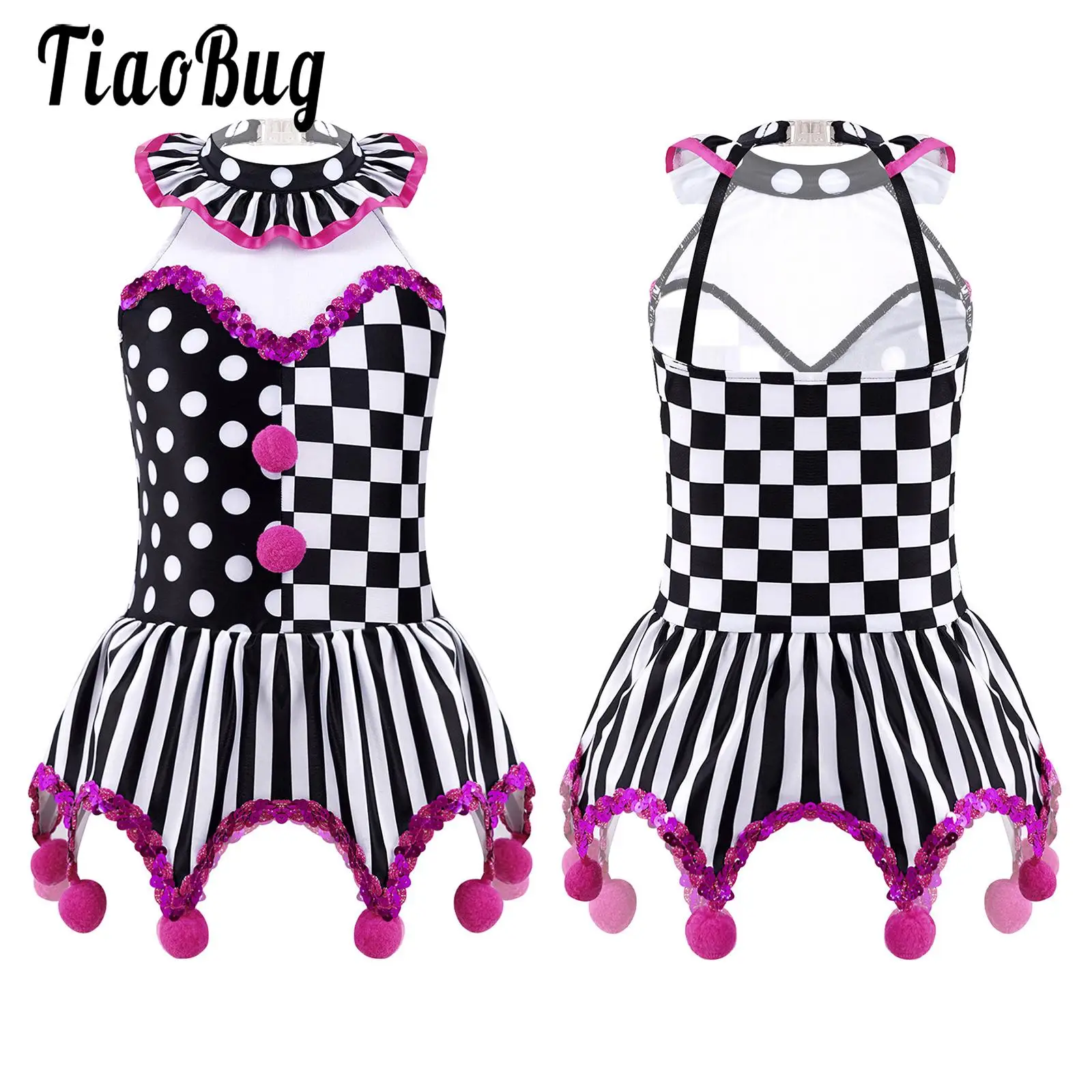 Girls Circus Clown Cosplay Halloween Christmas Costume Kids Sequin Leotard Dress with Pompoms Carnival Fancy Party Joker Clothes