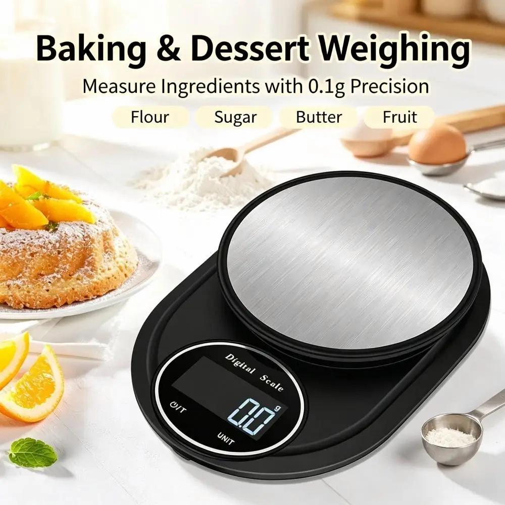 2KG 0.1g Mini Portable Digital Kitchen Scale,Round Stainless Electronic Scale,Multifunctional Food Weighing Scale for Home Baker