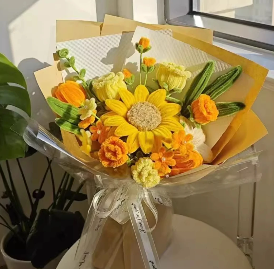 باقة عباد الشمس لعيد الحب الصيني، عبوة مواد يدوية الصنع، زهور نهائية محلية الصنع لصديقتك