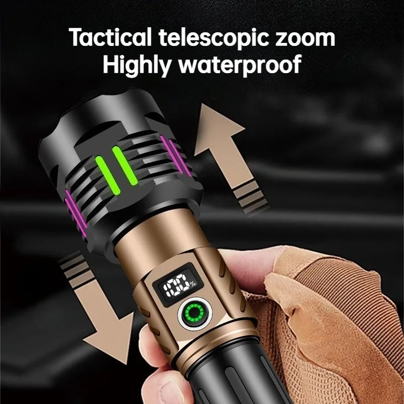 Super Bright White Light LED Flashlight Type-C Charging Telescopic Zoom Waterproof Torch Outdoor Hiking Patrol Camping Lantern