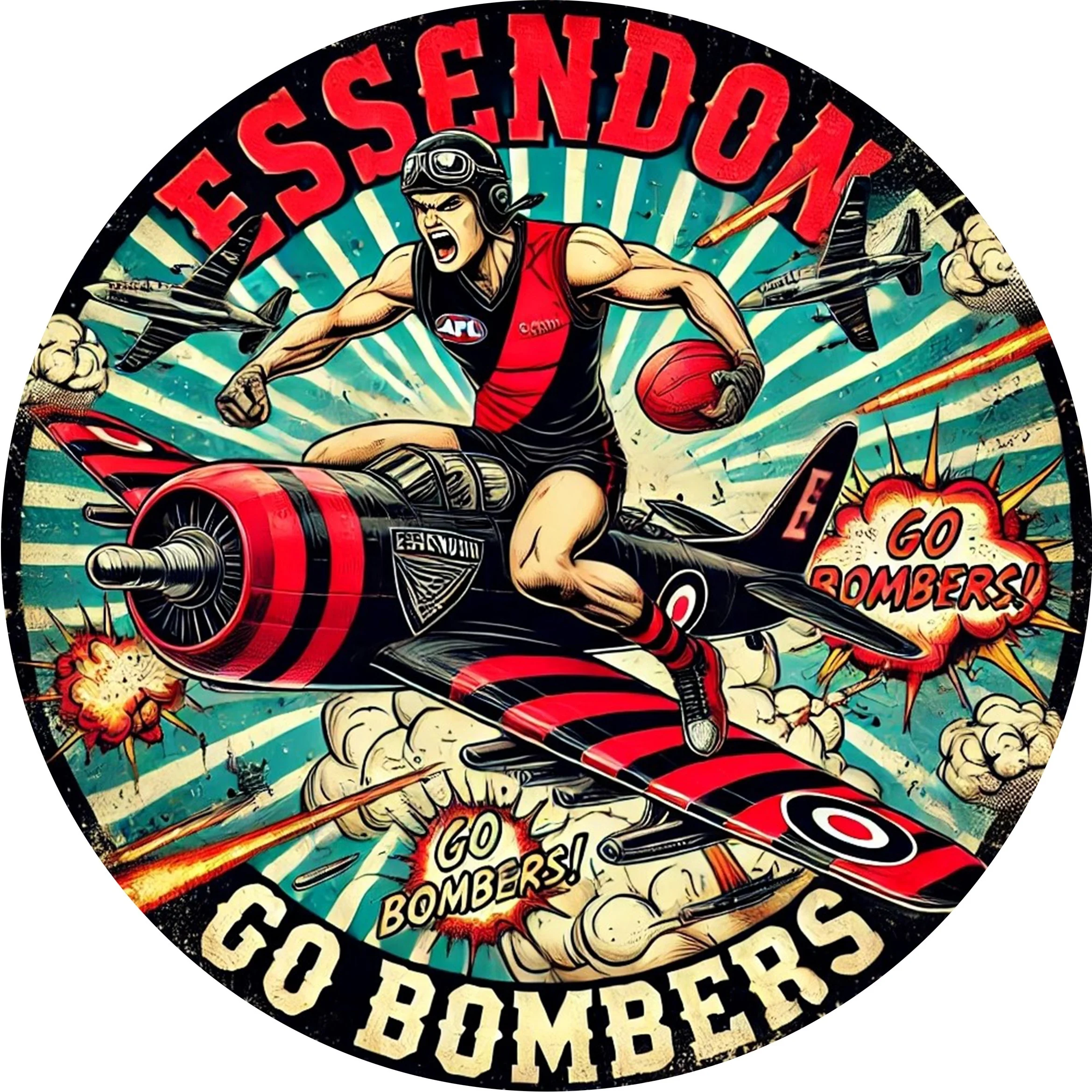 قطعة واحدة من علامة Essendon Bombers المعدنية المستديرة - لوحة فنية جدارية من الألومنيوم على الطراز العتيق تتميز بمشغل كرة القدم الديناميكي وتصميم الطائرة #3