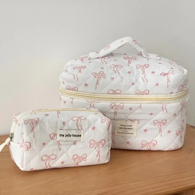 New Fashion Bowknot Women Quilted Makeup Bag Portable Tote Cosmetic Toiletry Storage Pouch Handbag Flower Cotton Zipper Bags