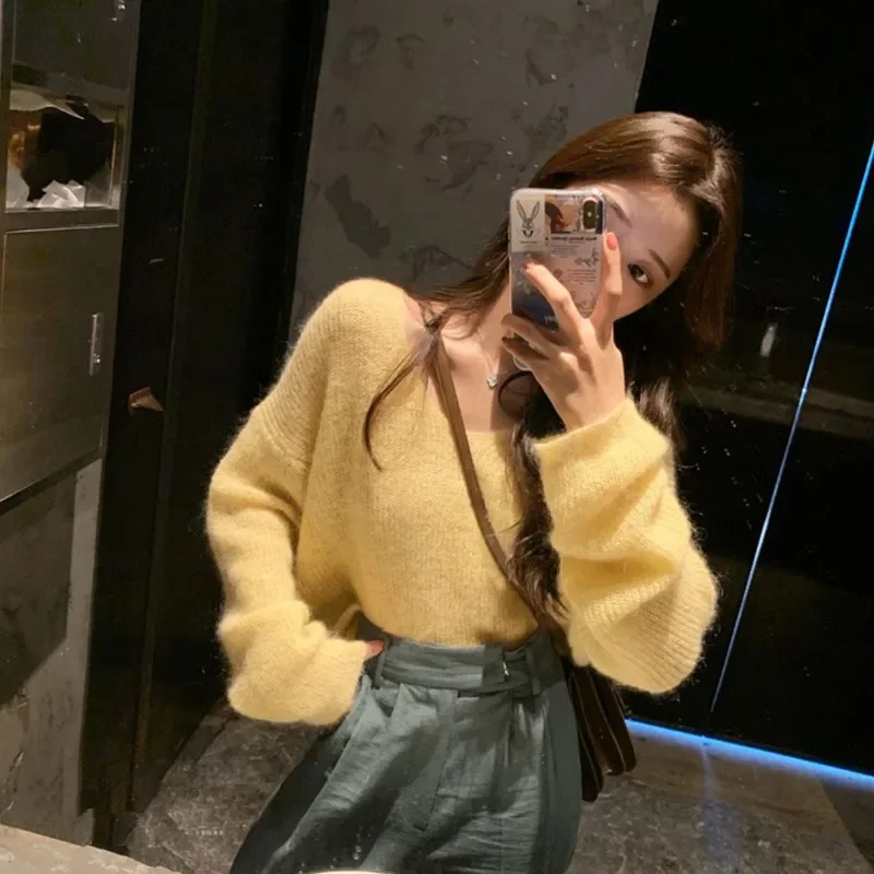 Women Fuzzy Thin Sweaters Cute V Neck Loose Short Knitted Top Summer Fashion Sheer Sunscreen Shirt Pullover Sweet Yellow Jumpers