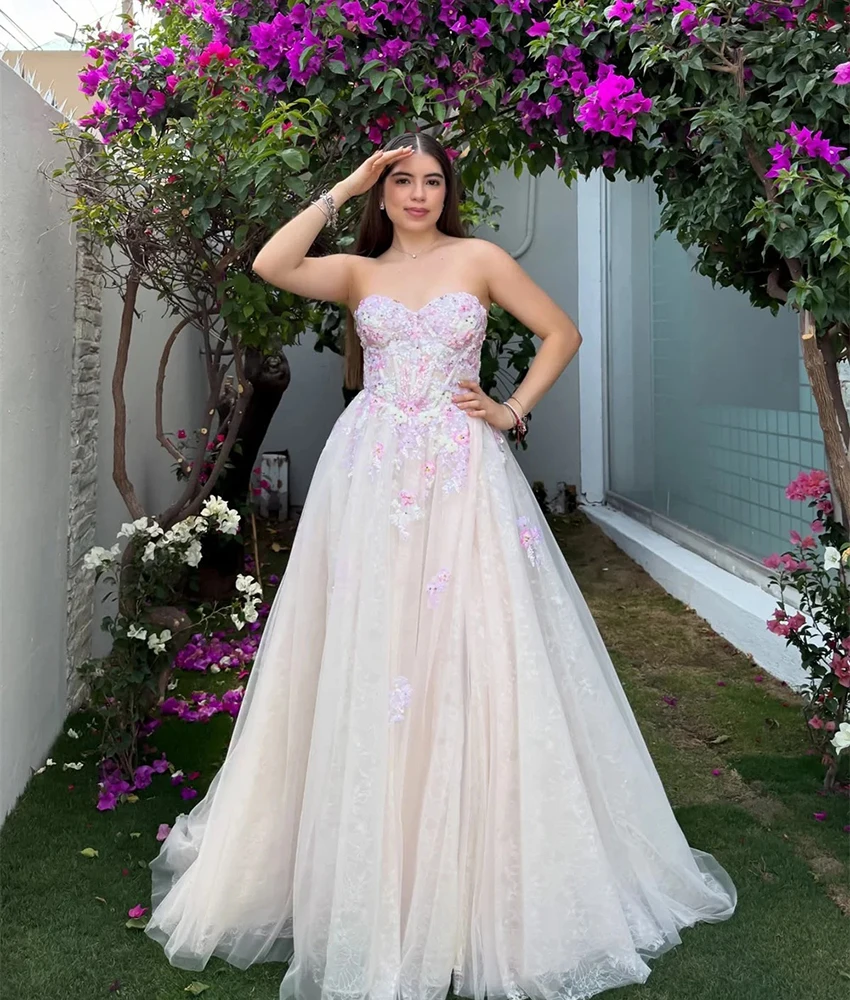 

Customized Exquisite Tulle A-Line Appliques Sequined Beading Flowers Evening Dress Graceful Sweetheart Sleeveless prom dresses