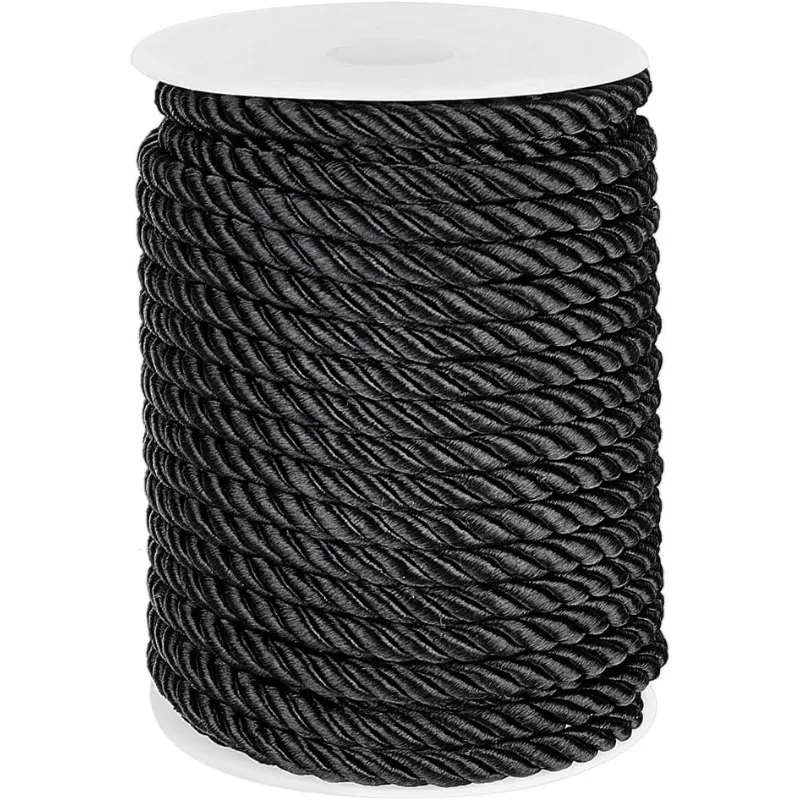 8mm 21.9 Yards Decorative Twisted Cord, 3-Ply Braided Cord with Spool, Black Decorative Twisted Satin for Curtain Hooks Home