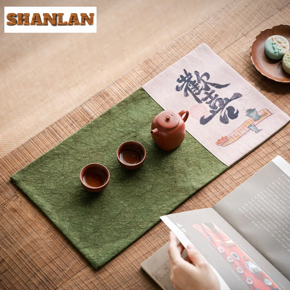 Retro Canvas Calligraphy Tea Banquet Table Flag Luxury Tea Room Tea Ceremony Accessories Dry Soaking Cloth Mat Tea Tablecloth