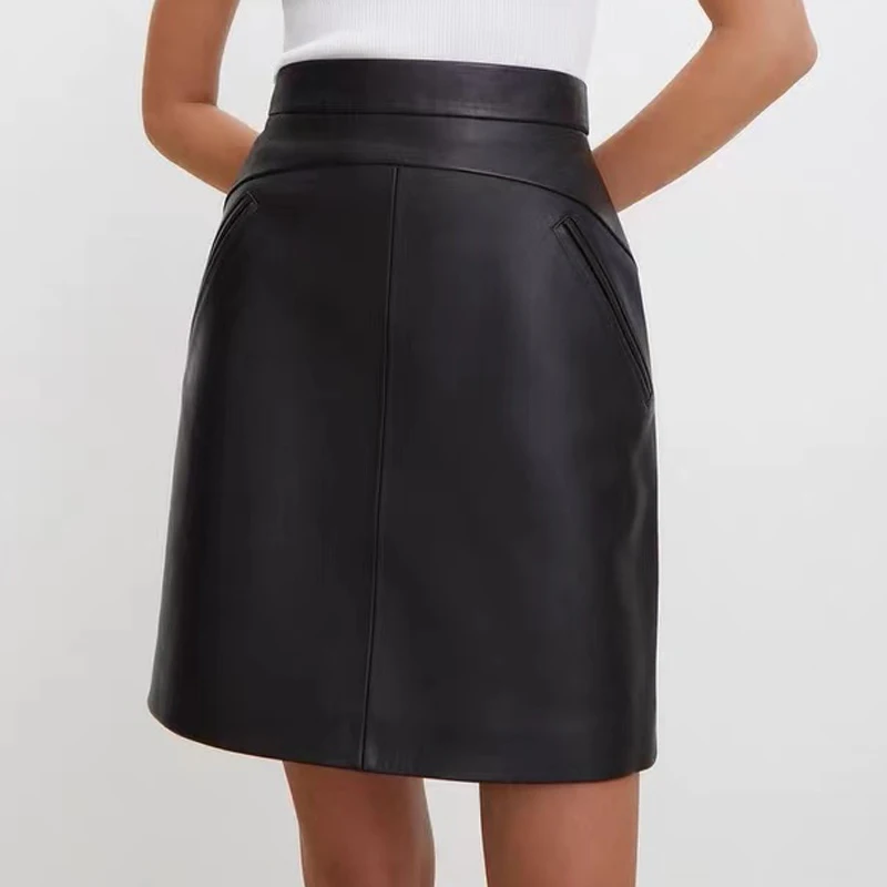 Catwalk Show Genuine Leather Sexy Mini Skirt Women 2024 Spring Fashion High Waist Retro A-line Skirt Europe and America Saias