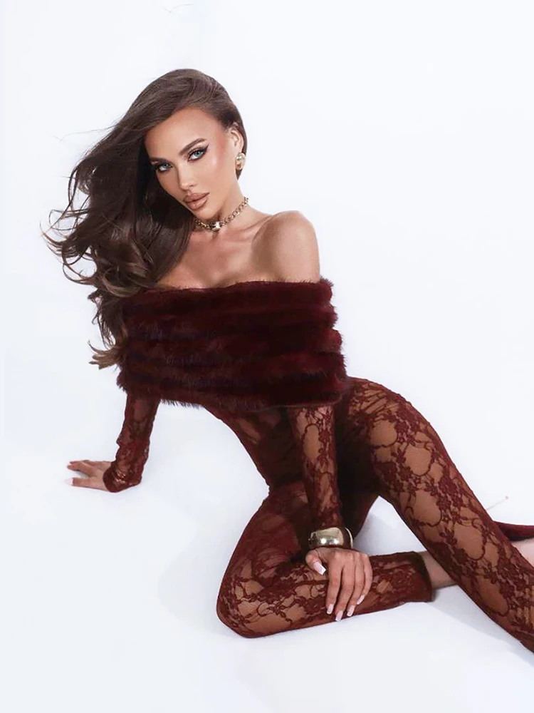 Kliou セクシー シースルー ジャンプスーツ レディース ファー パッチワーク スラッシュネック バックレス フルスリーブ ミッドナイトクラブ パーティー コケット オーバーオール