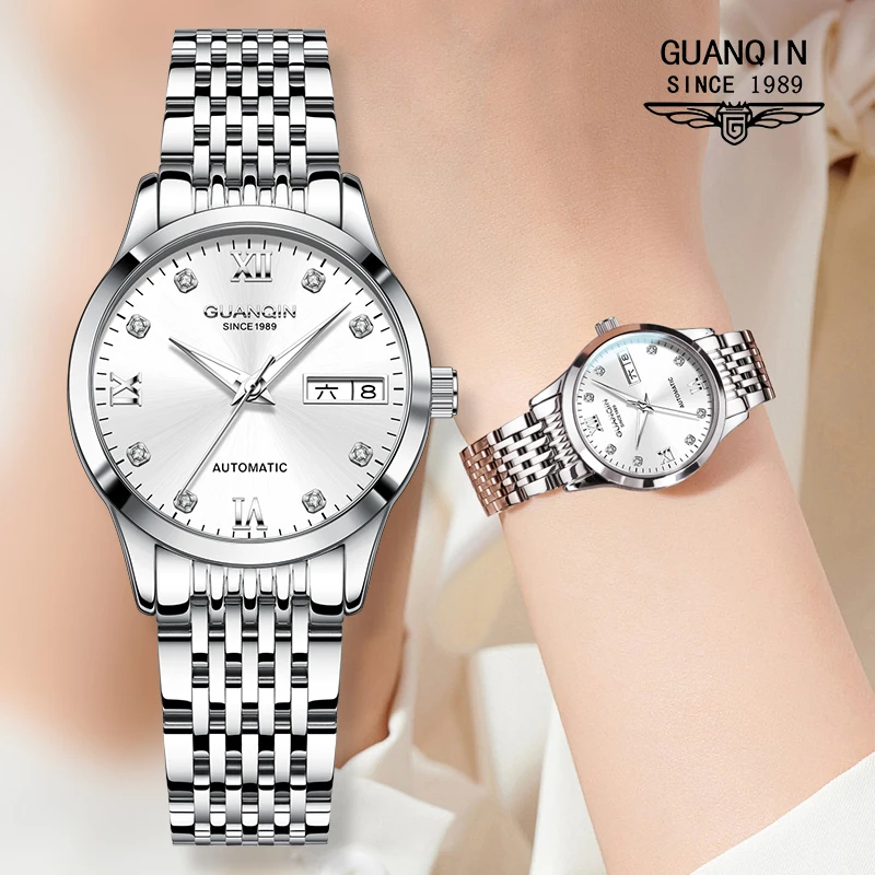 

Женские автоматические часы GUANQIN с кожаным и стальным ремешком, оригинальный бренд, водонепроницаемые, с ночной подсветкой, для бизнеса, подарок