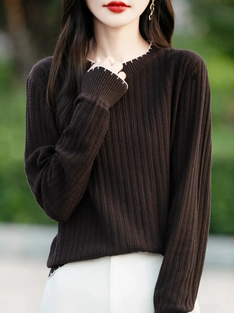 Sweter damski z okrągłym dekoltem, wykończony koronką, bawełniany, jesienno-zimowy, nowy, modny, dzianinowy top do noszenia pod spód.