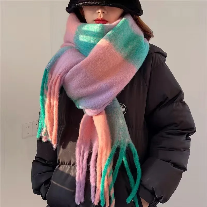 Green Pink Super Long Scarves Comfortable Fluffy Large Plaid Pattern Scarf Woman Winter Windproof Scarves Winter New Scarf Wraps