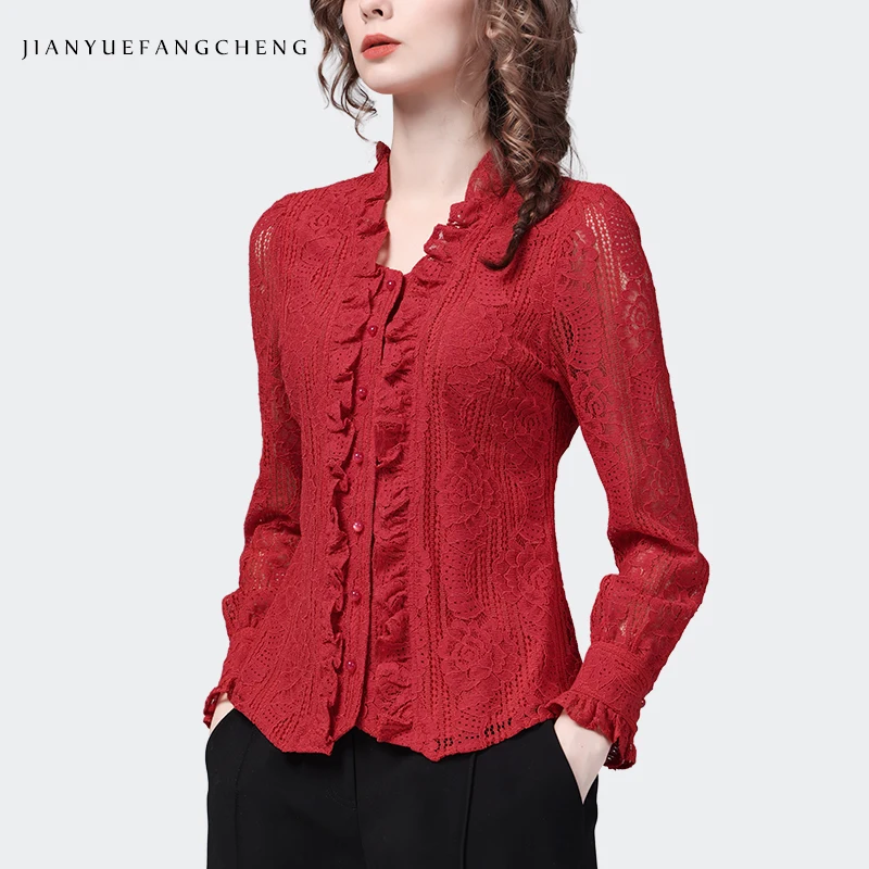 Fashion Square Neck Ruffles Red Lace Shirt Women\' 2024 Spring Summer Tops Elegant Hollow Out Chic Office Ladies Blouses