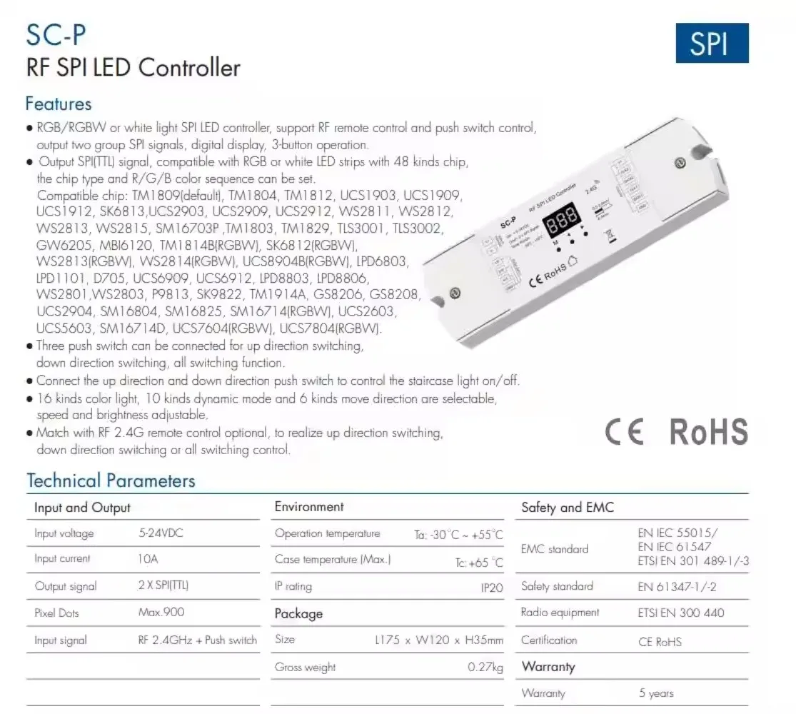 

DC5V-24V RF SPI LED Controller SC-P RGB/RGBW Controller with Remote Control fr WS2812B WS2811 SK6812 LED Strip Addressable Light