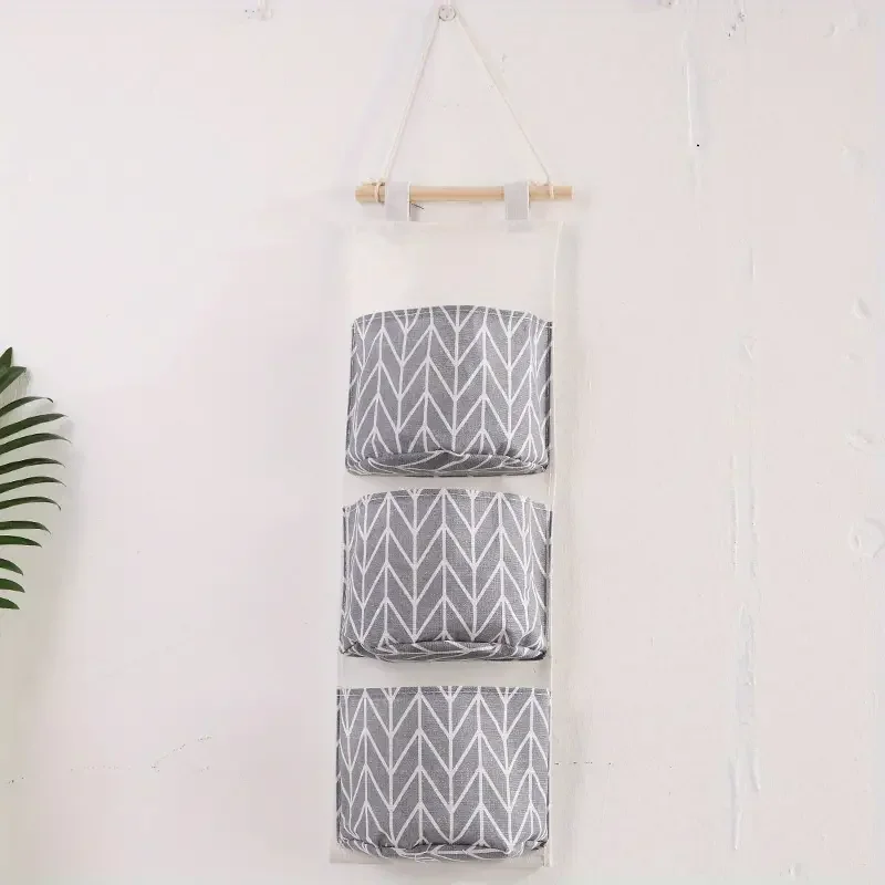 

1pcs Three Tier Cotton Linen Blend Hanging Bag Black Handbag Hanging Organizer Moistureproof Sundries Hanging Pocket Behind Door