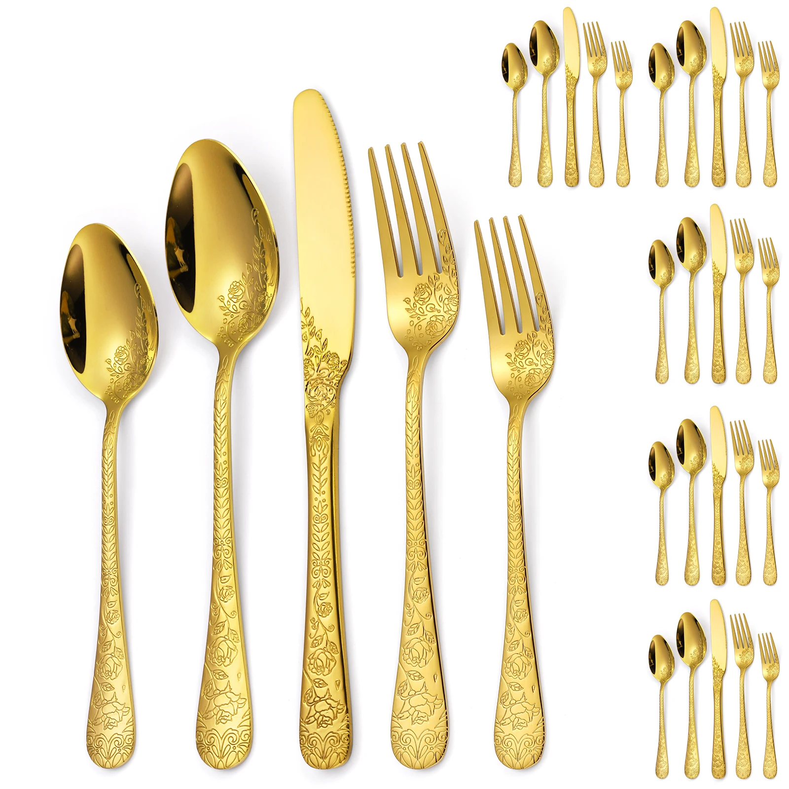 A·HOUSEWARE Gold Flatware Floral Set Stainless Steel Silverware 30 Piece  Kitchen Eating Utensils Fork Spoon Knife Cutlery for 6