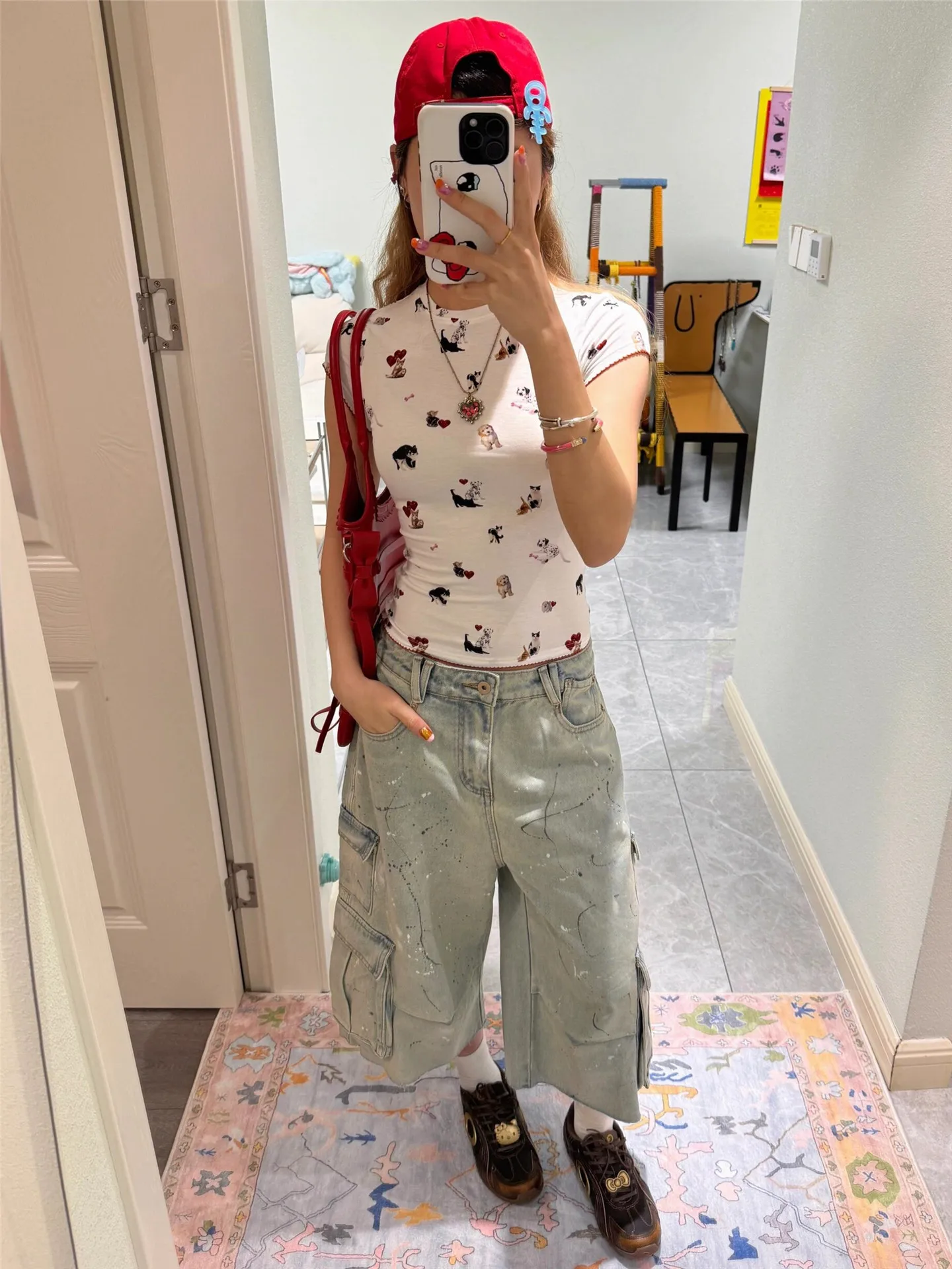 American Vintage Splashed Ink Light Blue Seven-Tenths Workwear Jeans Women Summer Loose Slimming Frayed Mid-Length Pants