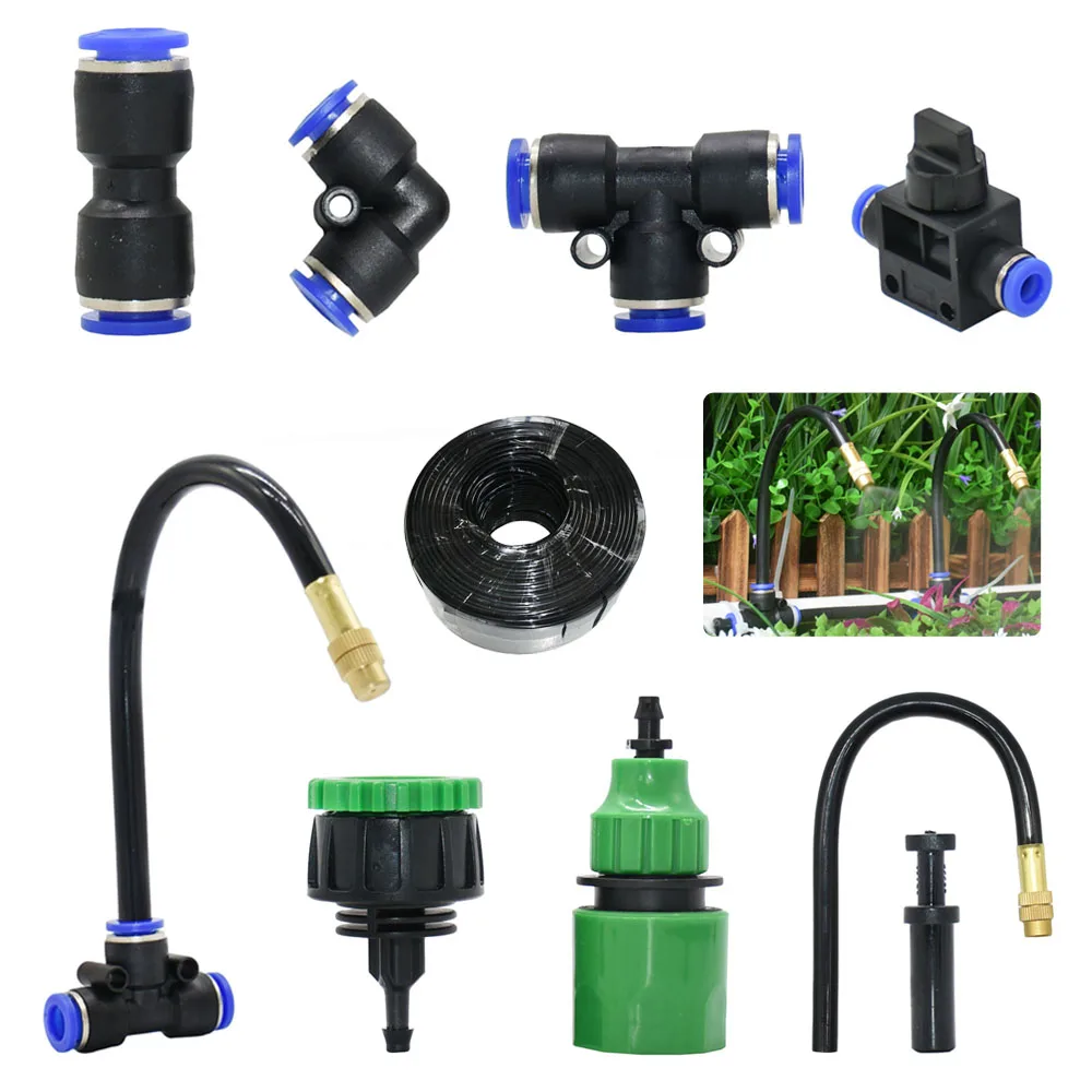 Outdoor Misting Cooling System Brass Mist Nozzle 8mm Hose Tee With Lock Nut Connector Garden Irrigation Adjustable Sprinkler