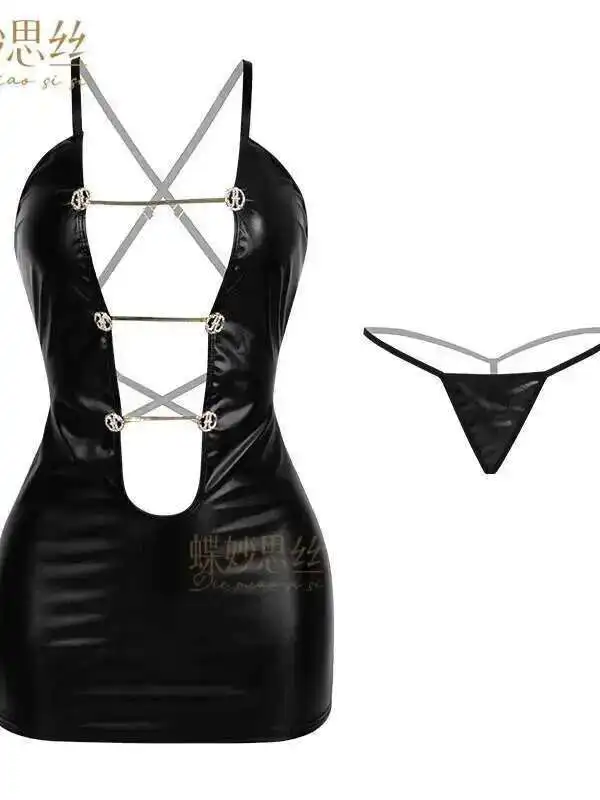 Sexy Hollow Patent Leather Strap Backless Cross Strap Nightclub Bodycon Mini Dress Elegant Hot Sexy Sweet Tank Mini Dress X4RI