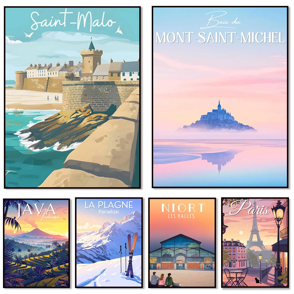 ملصقات السفر لـ La Colette، Saint Malo، La Plagne، Barreduc، Paris، Fontainebleau، Evian-les-Bains، بحيرة Serpentine، Biarritz