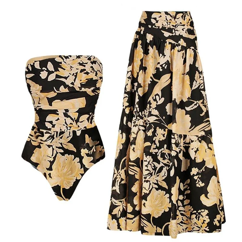

Women's Vintage Off Shoulder Flower Printed One Piece Swimsuit and Skirt High Waisted Bathing Suit Beachwear Bikini Set