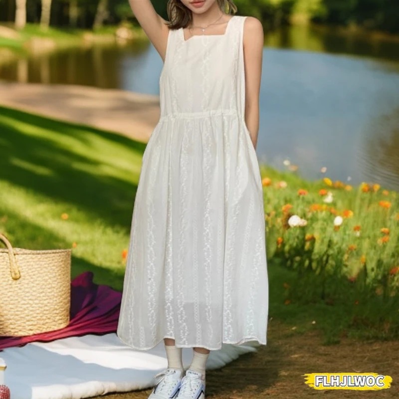 Embroidery Lace Dresses New Design Women Casual Holiday Loose Lace-Up Shirring Drawstring Waist Sleeveless Long White Dress