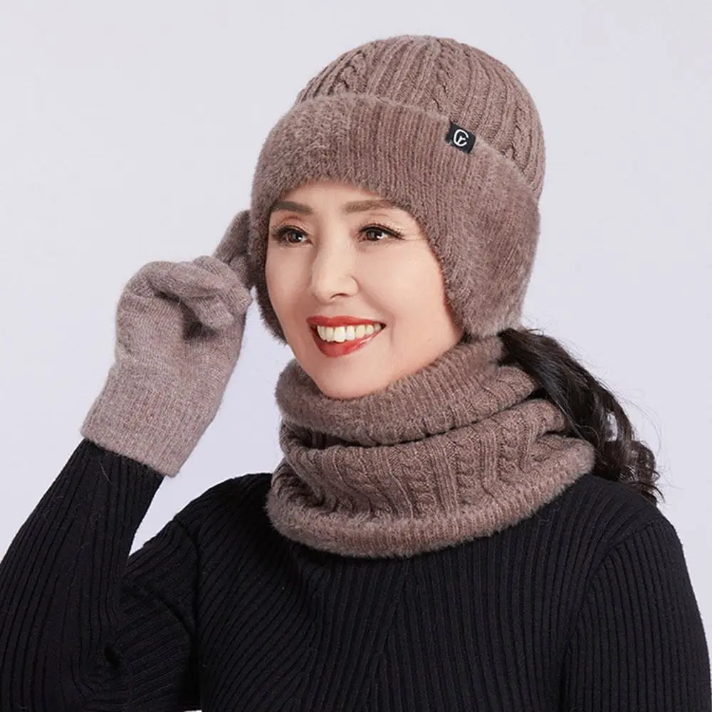 Plush Knitted Winter Warm Hat Plus Fleece Knitted Beanie Skullies Beanies Hat Cold Protection Winter Hat Scarf Set