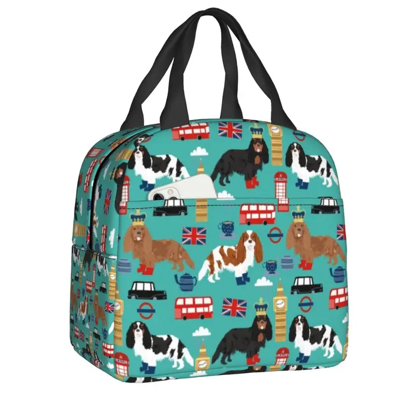 Custom Cavalier King Charles Spaniel In London Lunch Bag Women Pet Dog Warm Cooler Insulated Lunch Box for Adult Office