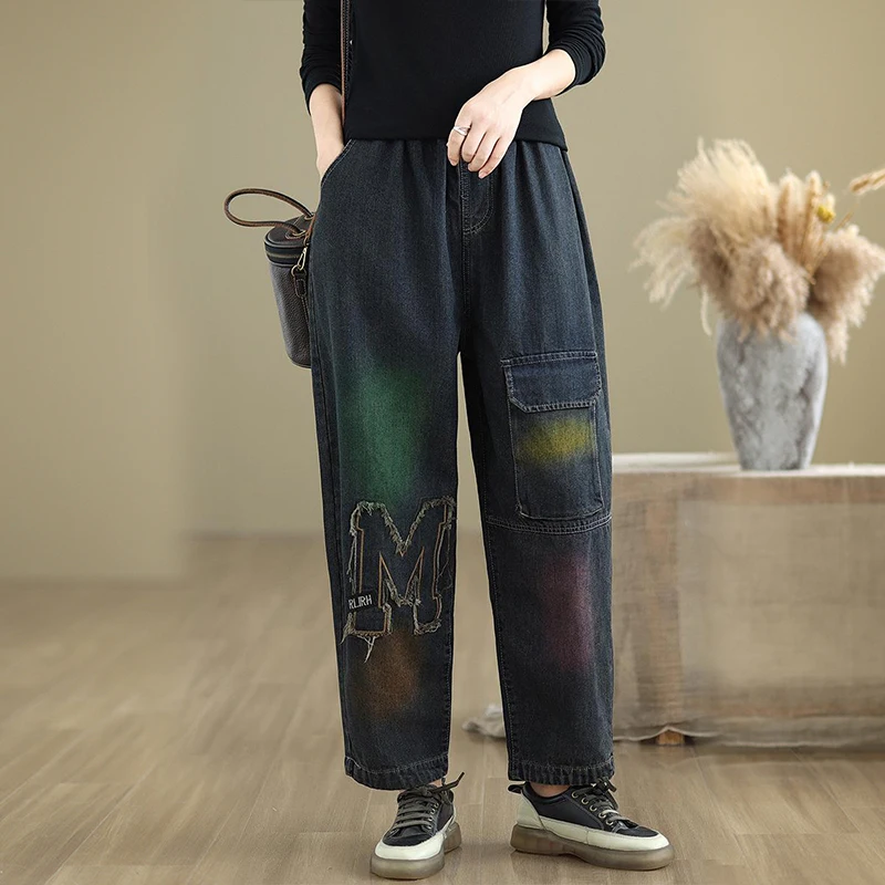 Aricaca Women High Quality Embroidered Casual Cotton Jeans Women High Waisted Denim Pants