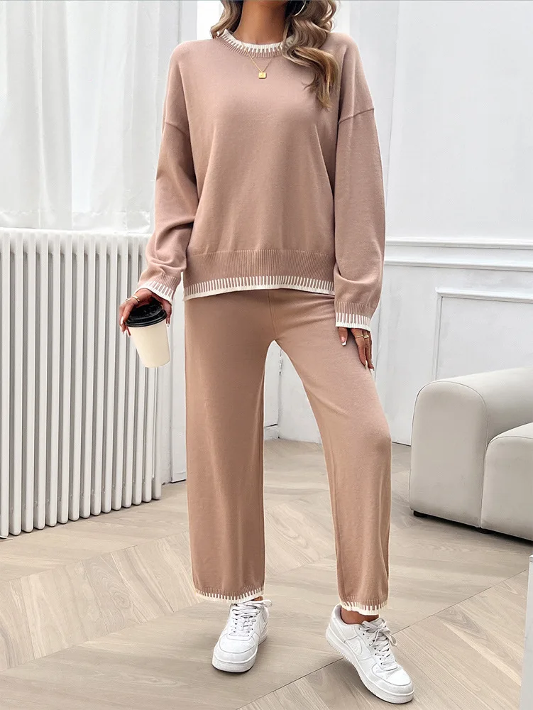 FTLZZ Autumn Winter Casual Lady Solid Knitted Suits O-neck Sweater and Wide-leg Trousers Women Knitted Two Piece Sets