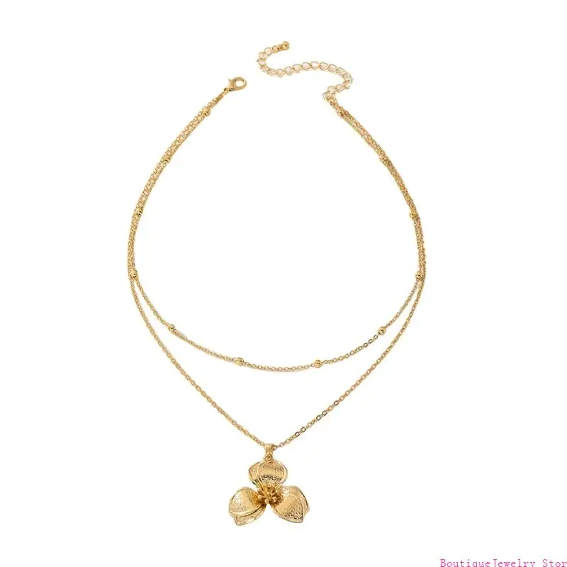 E1PE Delicate Crinkle Flower Pendant Necklace Multiple Chain Options Clavicle Chain Handmade Alloy Feminine Jewelry