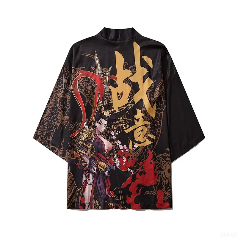 Japanese Summer Kimono Cardigan Cartoon Print Men's Samurai Clothing Top Shawl