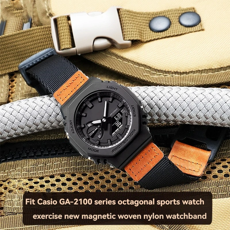 For Casio Farmhouse Oak GA2100/2110 GA-B2100 GM2100 Series Modified Magnetic Woven Nylon Outdoor Canvas Watch Strap Accessories