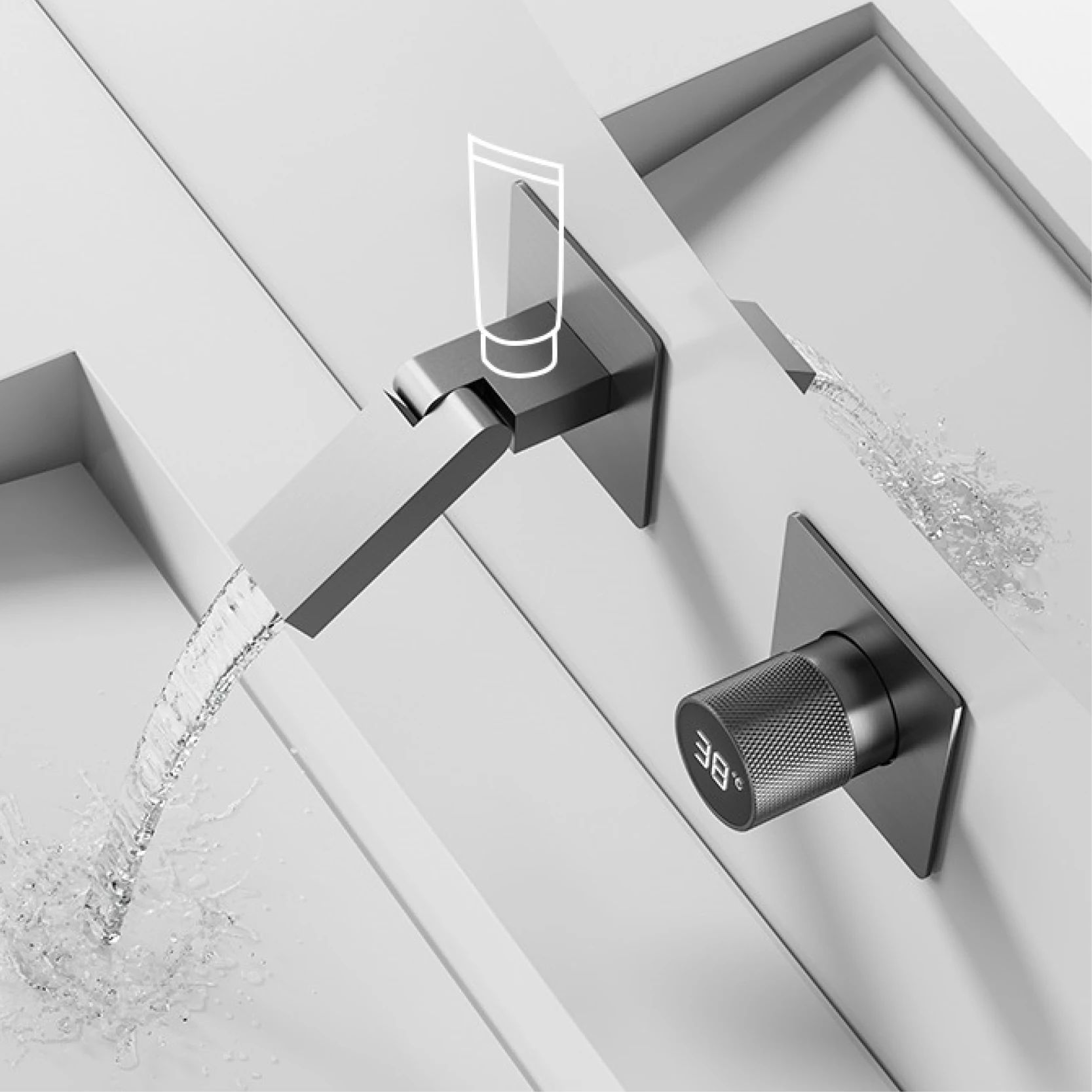 Minimalism Gun Grey Brass Embedded Bathroom Tap System.Wall-Mounted design LED Digital Display Hot/Cold Water Basin Faucet