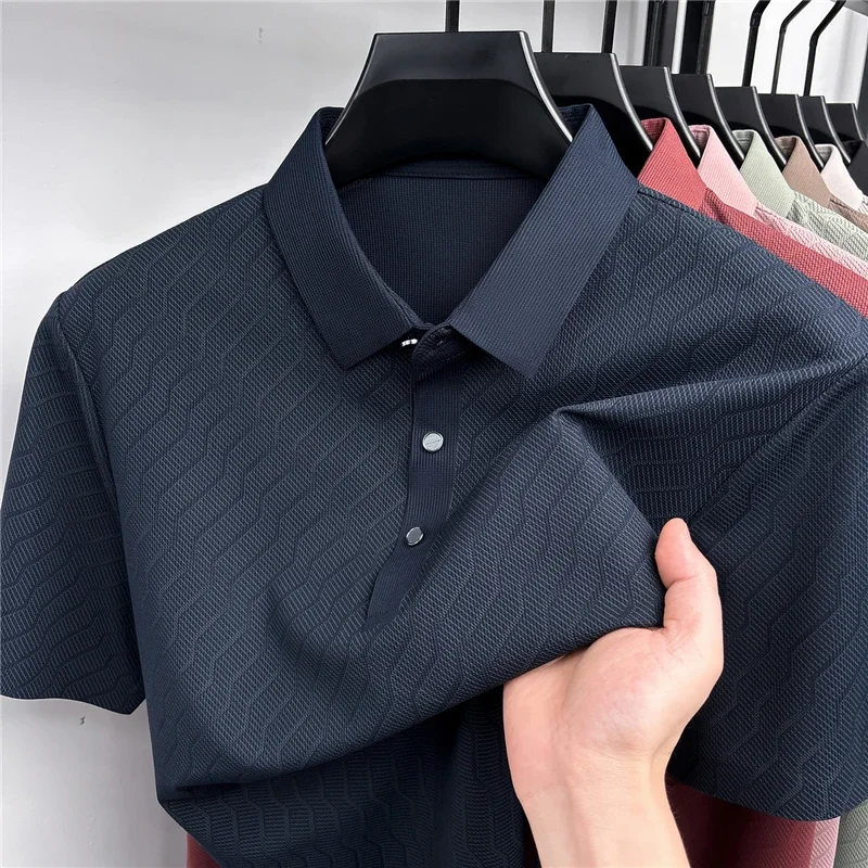 Outdoor leisure male lapel polo t shirt continuous wavy textured mesh breathable sweat wicking lightweight short sleeve tee