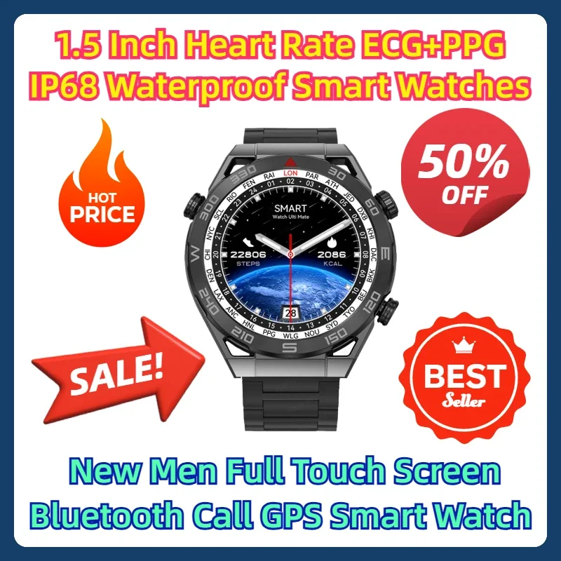 1.5 Inch IP68 Waterproof Heart Rate ECG+PPG Smart Watches New Men Full Touch Screen Bluetooth Call GPS Smart Watch