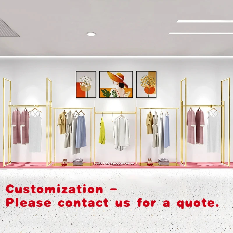 custom.Custom Modern Plated Clothes Display Garment Metal Stainless Steel Mirror Gold LED Clothes Display Racks Luxur
