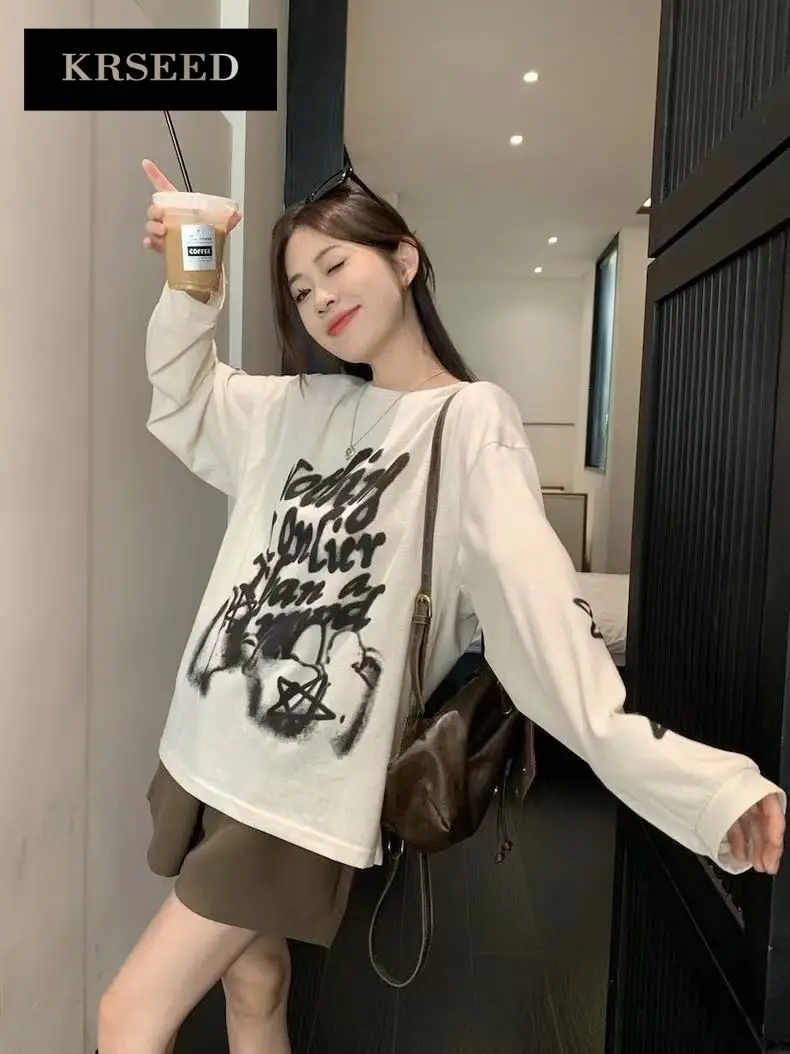 Vintage Graphic Letter T-Shirts Women Y2k Streetwear Korean Style Hippie Grunge Oversized Cotton T-Shirts White Long Sleeve Top