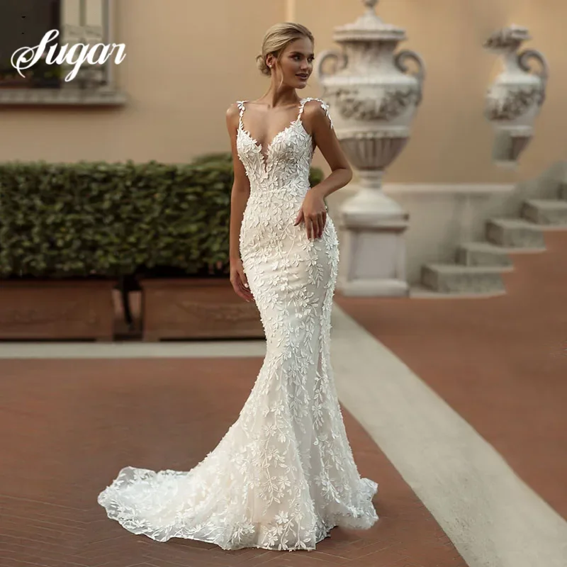 Sexy Customized Mermaid Spaghetti Straps Wedding Dresses V-Neck Bridal Gowns Backless Bride Robe Charming Vestidos De Noiva