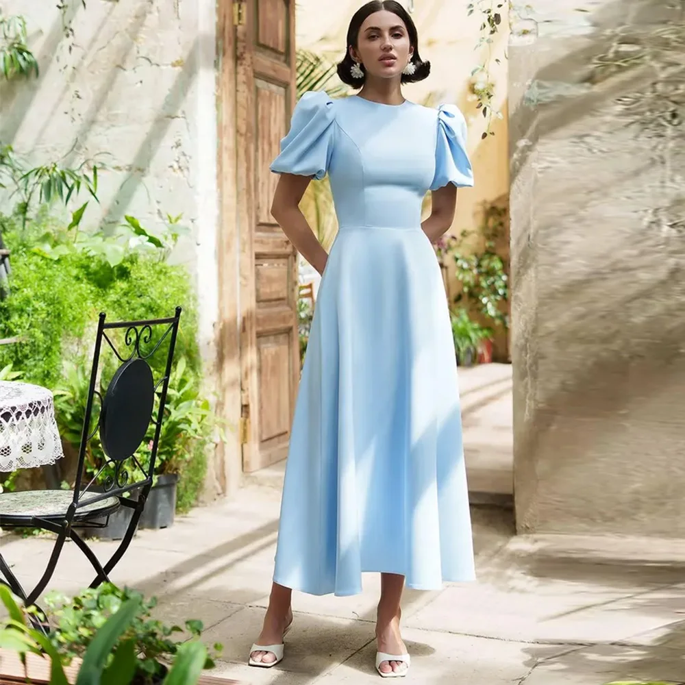 

Customized Classic Crew Neck Puff Sleeves Evening Dress Satin A-Line Party Dresses High Quality Short Sleeves Prom Gowns