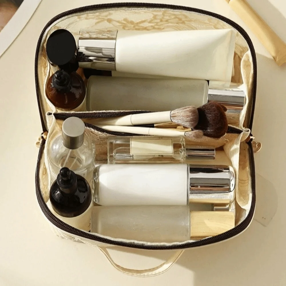 Portable Solid Color Lace Makeup Bag Large Capacity Floral Cosmetic Storage Bag with Handle Breathable Toilet Bag Daily