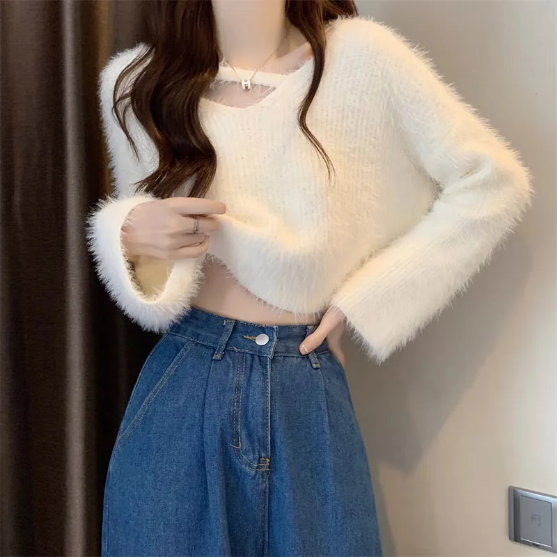 Autumn Winter Korean-Style V-neck Short Soft Waxy High-End Seahorse Sweater Women's Interior Design-Like Mink Velvet Top Women