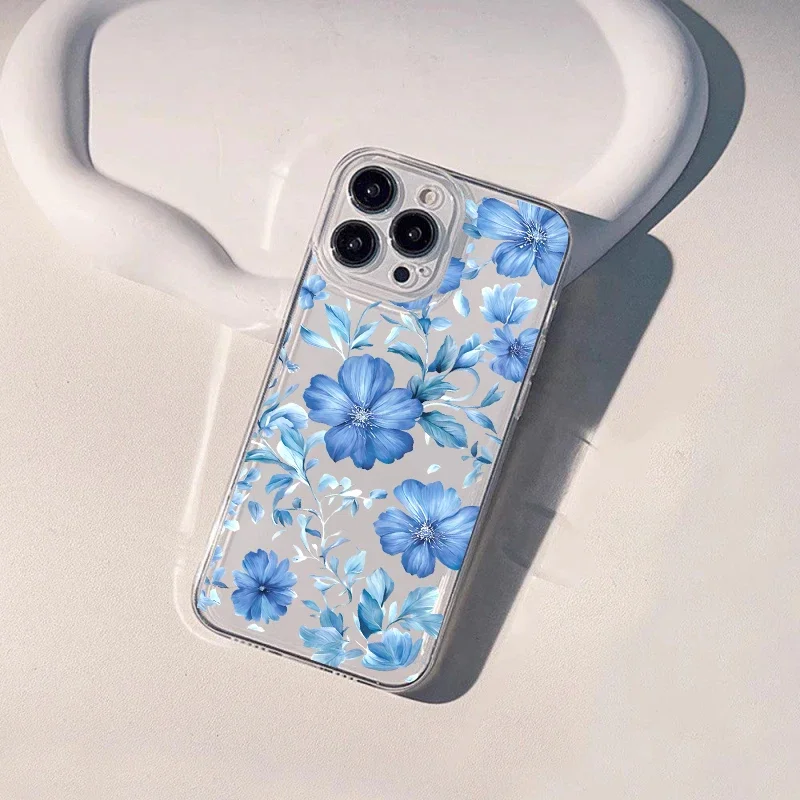 Rosa azul flores caso de telefone para iphone 11 12 14 15 16 pro max mini x xs max 7 8 6 6s plus embalagem capa macia clara
