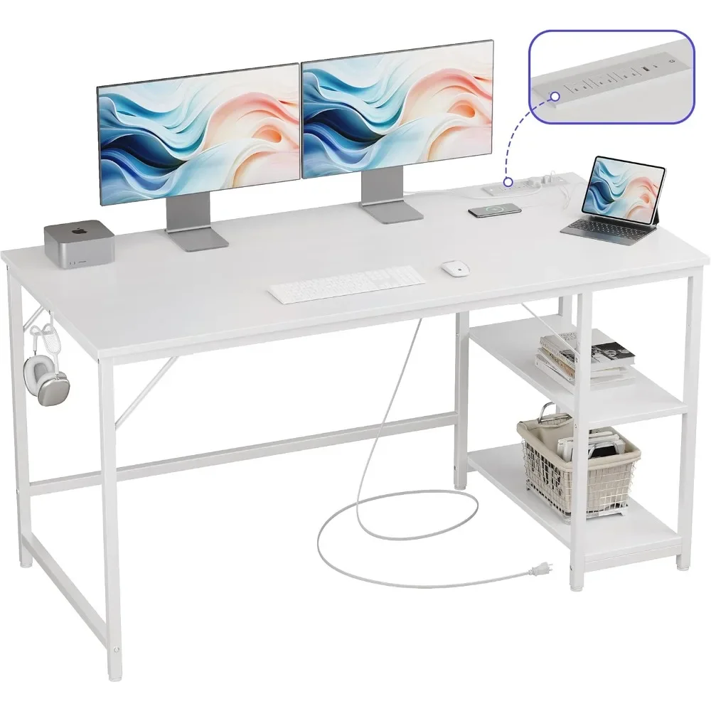 

55 Inches Computer Office Desk with Table Power Outlets, Home Office Desk with Storage Shelves and USB & Type-C Outlet