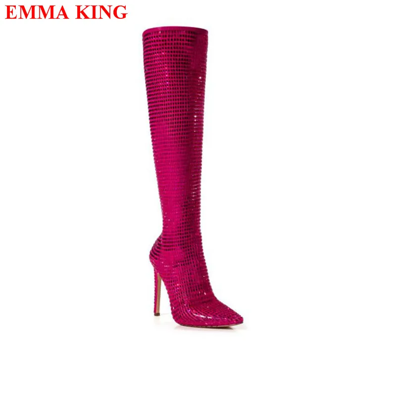 أزياء النساء حجر الراين حذاء برقبة للركبة الفاخرة مصمم أشار تو أحذية الحفلات الشتاء الخريف عالية الكعب أحذية بوتاس دي Mujer