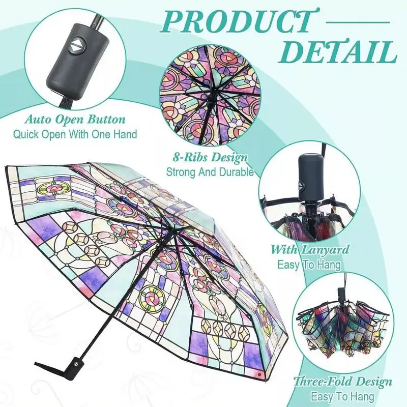 Vintage Stained Glass Automa Umbrella British Rainforest Arch Automatic Large Folding Umbrella Romantic Gifts for Girl Friends