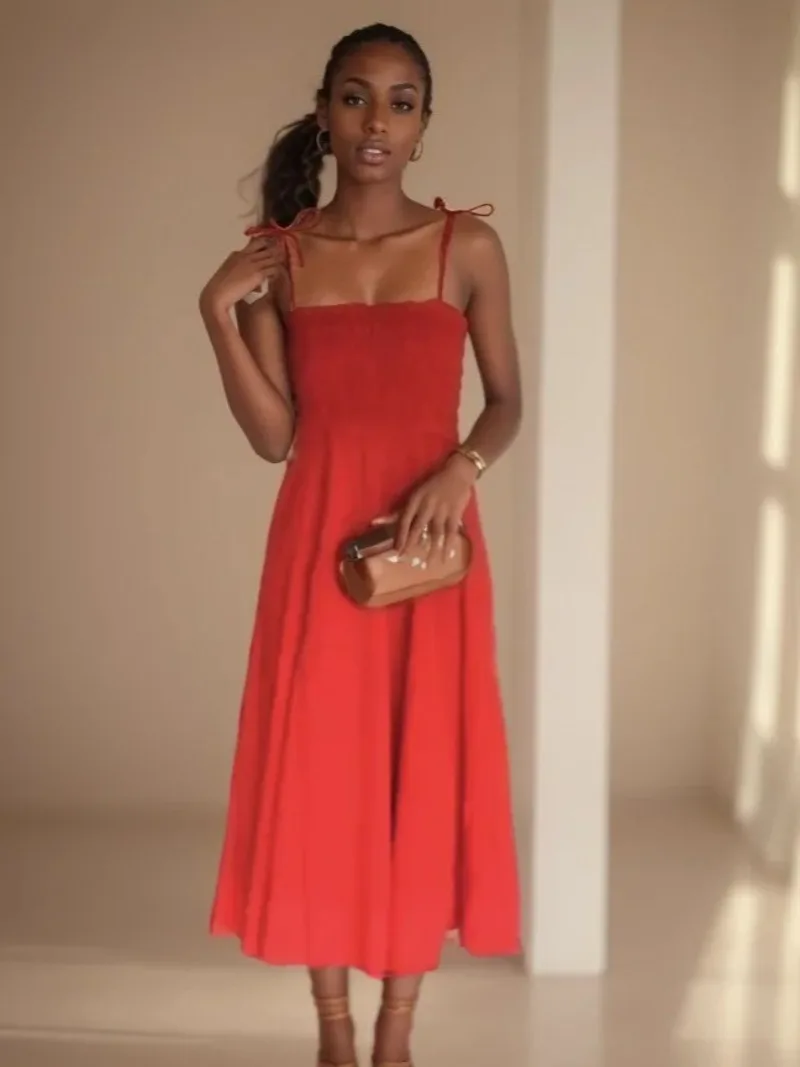 Abito longuette rosso con fionda casual Abiti lunghi senza maniche solidi alla moda per le donne Abiti da donna stile vacanza elastico Nuova estate