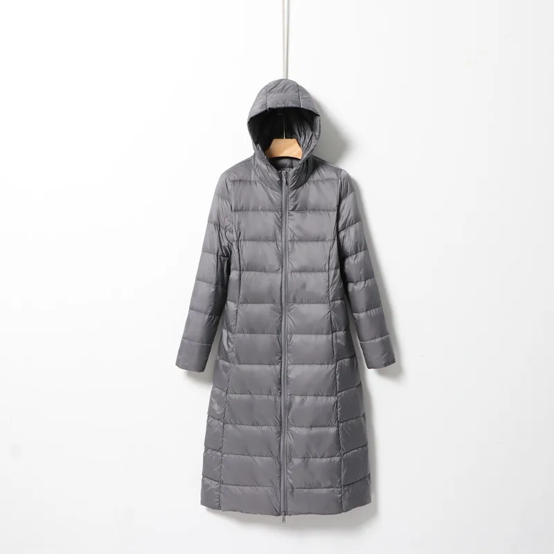 秋冬フード付きダウンコート女性スリム暖かいライトホワイトダックダウンジャケットパーカー女性カジュアルルーズロング防風アウター