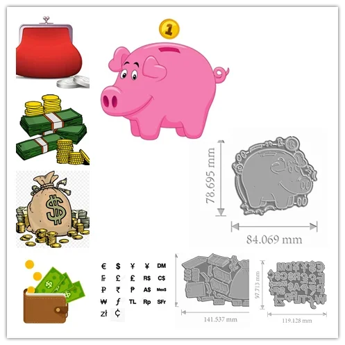 New Metal Cutting Dies Gold coin wallet money currency dollar bill piggy wallet purse symbols Christmas Scrapbooking Card Craft